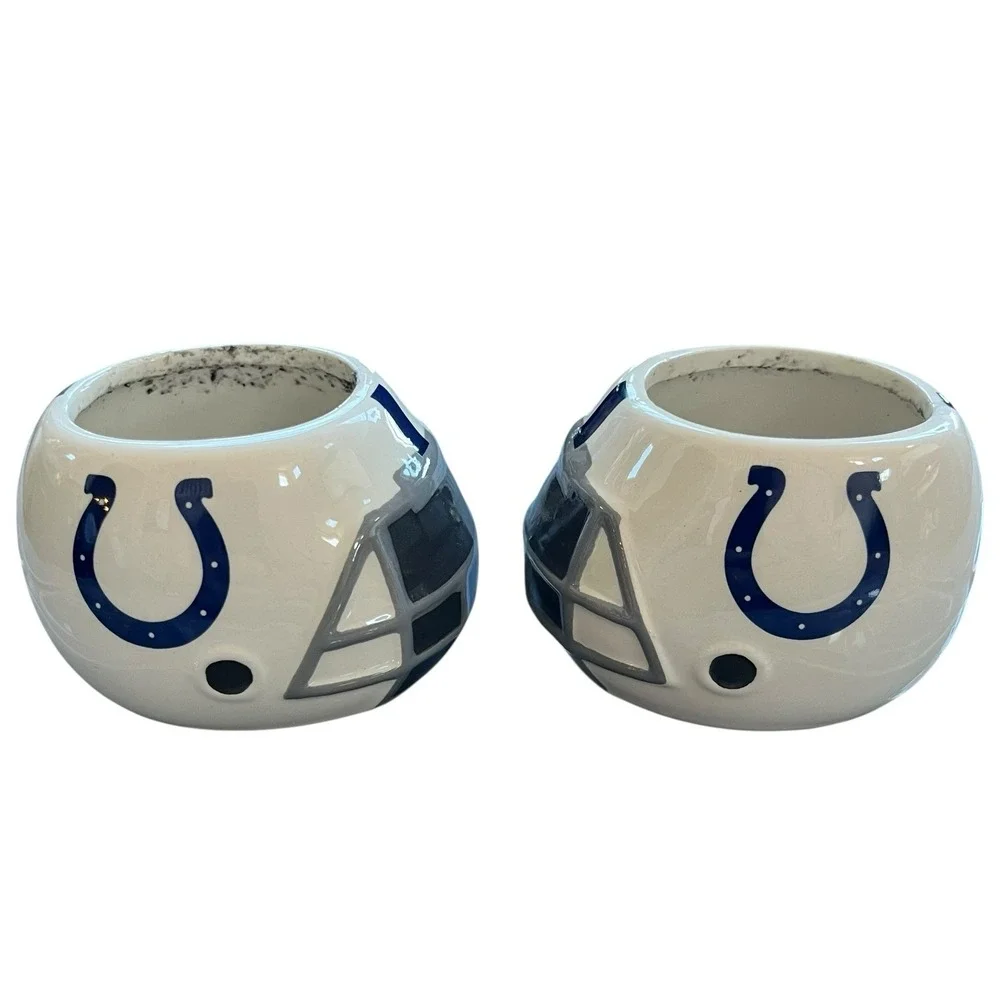 Set Of 2 Indianapolis Colts NFL Ceramic Helmet Planter Candy Bowl White Football